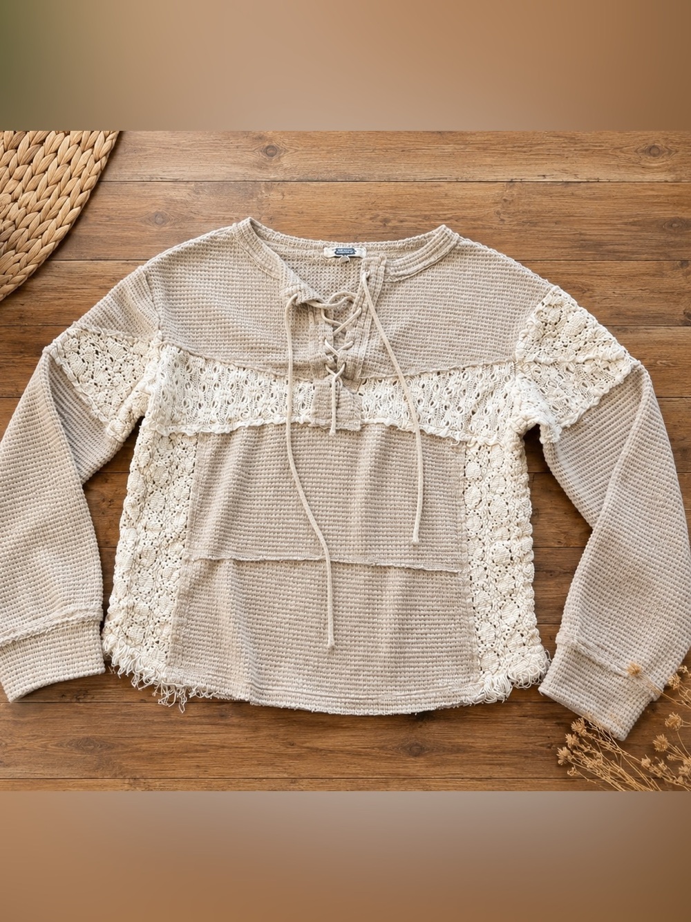 Gimmicks Crochet Waffle Cream Boho Long Sleeve Henley Peasant Top M (u1)